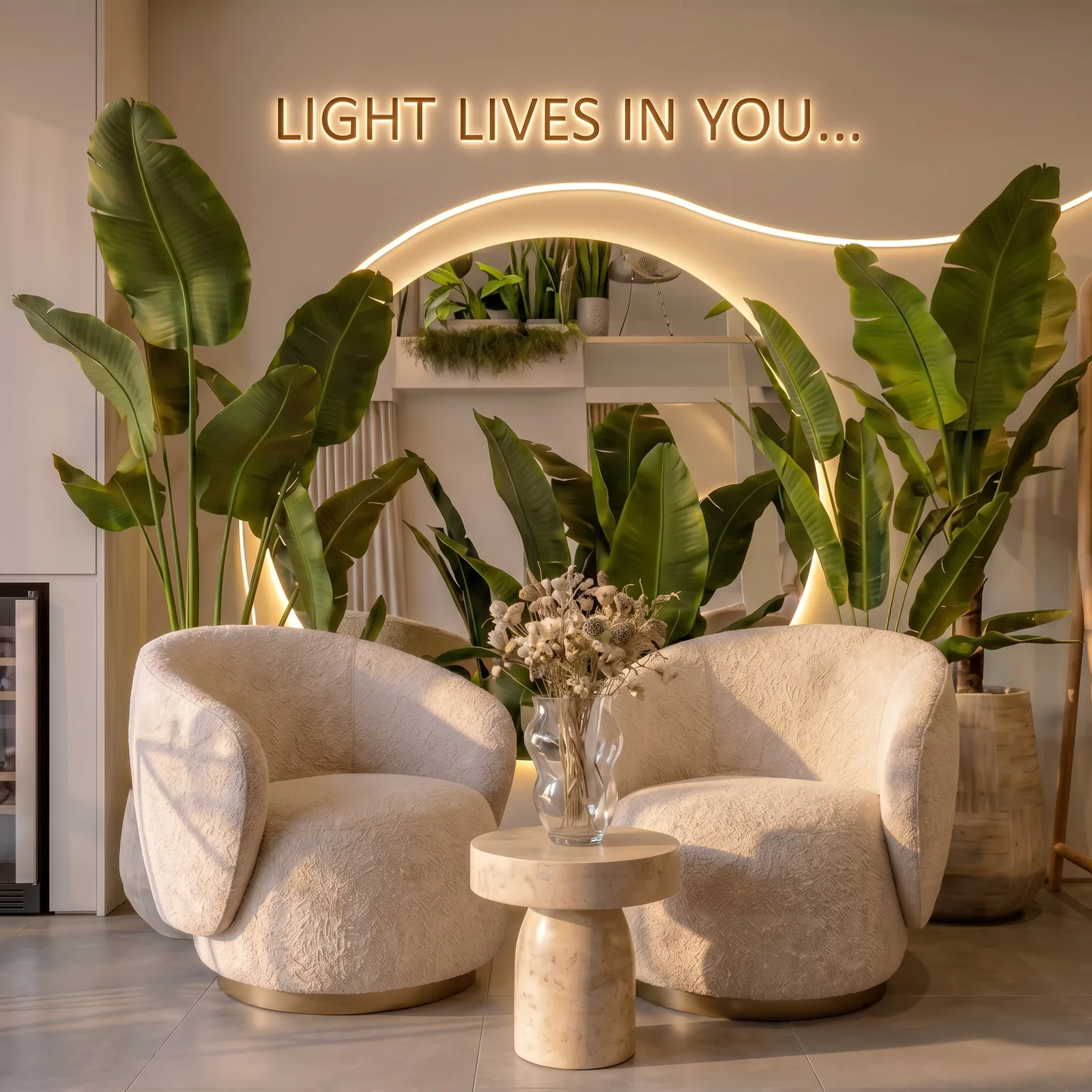 Project MOON — lounge detail with neon sign and tropical planting, Dubai