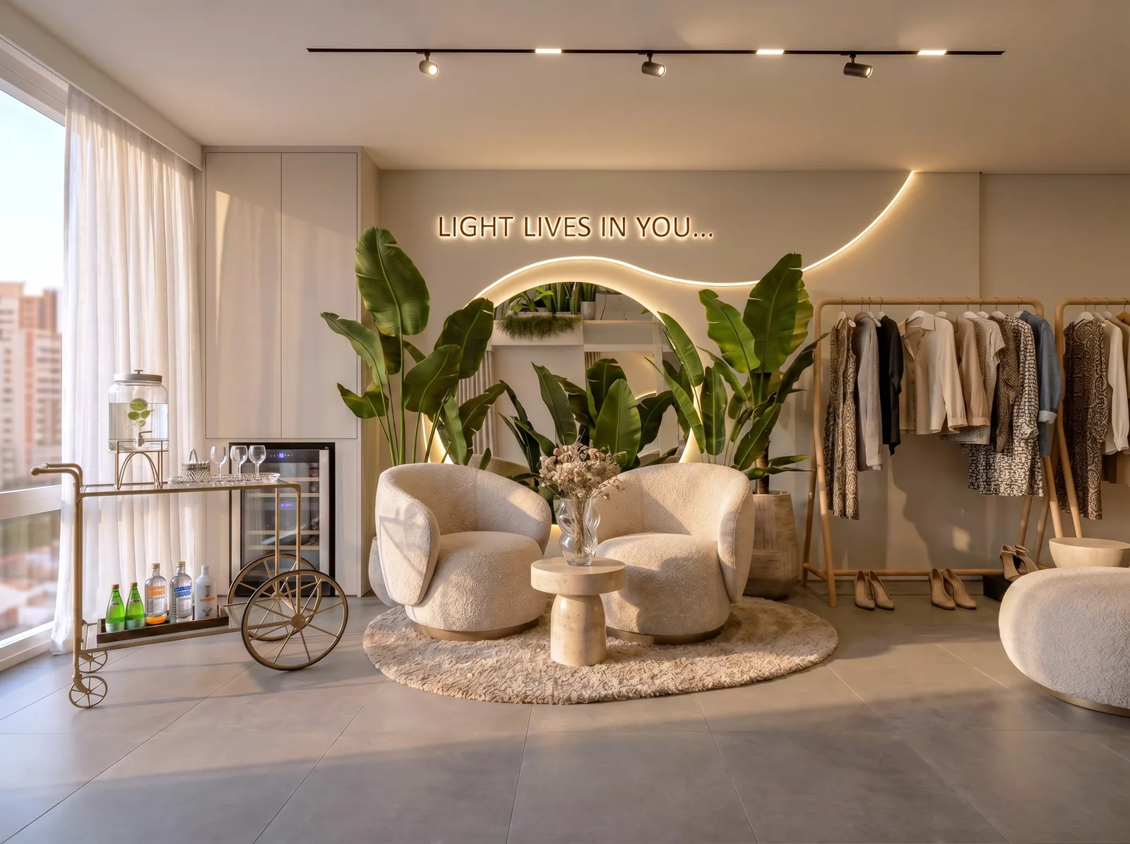 Project MOON — client lounge with bouclé armchairs and bar cart, Dubai
