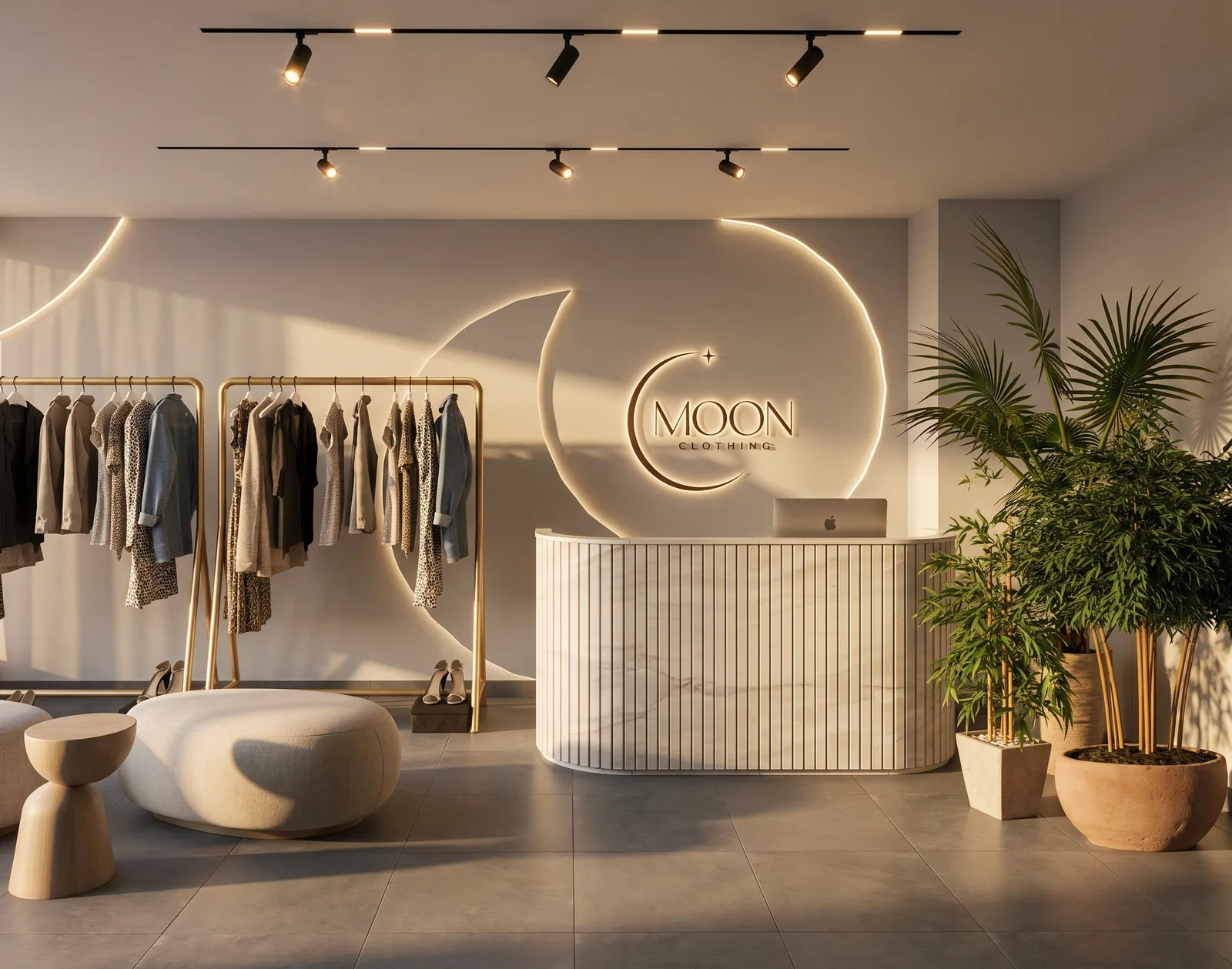 Project MOON — reception desk with backlit MOON logo, Dubai