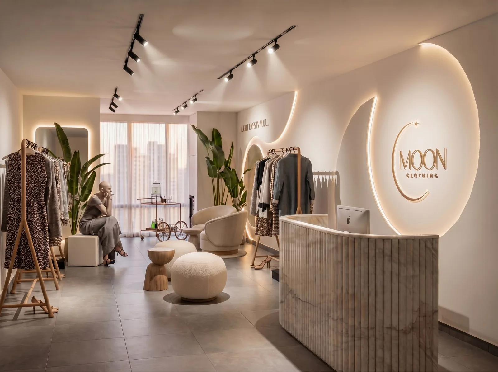 Project MOON — full store view with reception desk and display rails, Dubai